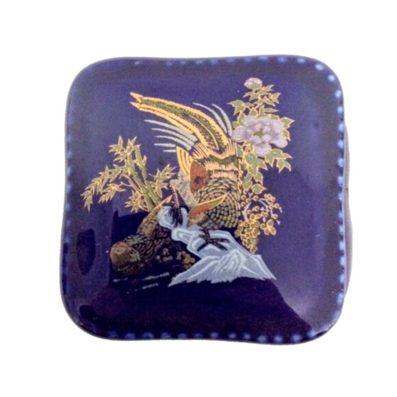 None Other - Ceramic Trinket Box Cobalt Blue with Bird Outdoors